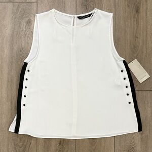 Zara Crewneck Flowy Sleeveless White w/ Black Stripe/Button Details Shell Blouse